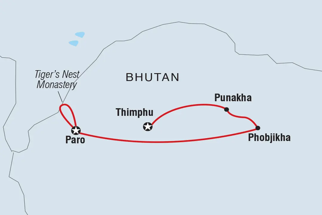 Bhutan tour map from Delhi